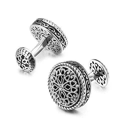 Cufflinks For Men, Round Silver Cufflinks With Vintage Handcrafted And Platinum-Plated, Gift Box Included #TOP2
