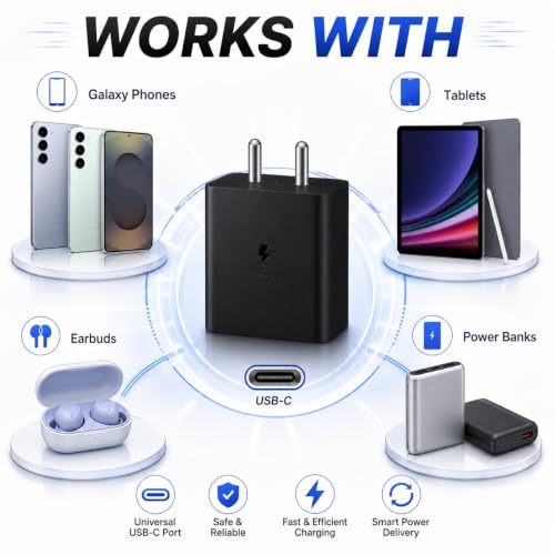 Image of ZYBUX 45W Type C Superfast Charger with 1M Type-C Cable Compatible with Samsung Galaxy S26+|S26 |S25+|S25|S24 |S24 FE|S23 Ultra|Z Fold7|Z Flip7|Z Fold6|Zflip6| Series Wall Adapter | Black