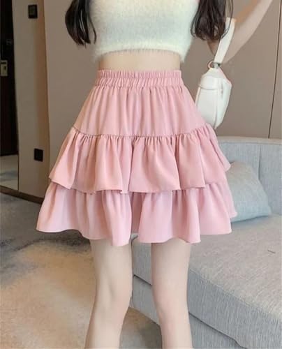 Women's High Waist A-line Skirt Korean Kawaii Cake Style Solid Color Ruffled Spring Skirts All-Match Dress2