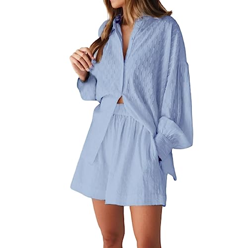 Swimming Suit Covers Women Fashion Solid Shirt Jacquard Puff Sleeve Top Shorts Casual Suit Suit Jacket And (Blue, XL)