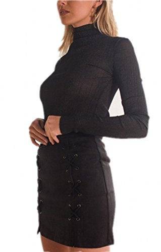 Katiewens Women's Classic High Waist Lace Up Bodycon Faux Suede A Line Mini Pencil Skirt Black #TOP1