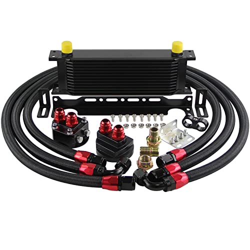 Universal 13 Row AN10 Engine Transmission Oil Cooler and Filter Relocation Sandwich Plate Adapter,Hose Line Kit with Mounting Bracket