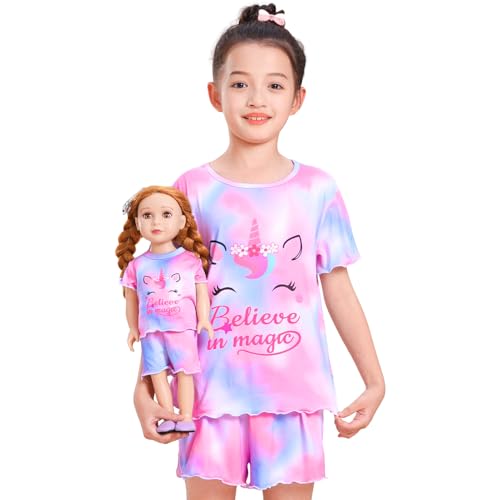 ICOSY Matching Doll & Girls Pajamas Set 2 PCS Kids Pajamas Top and Shorts for American 18