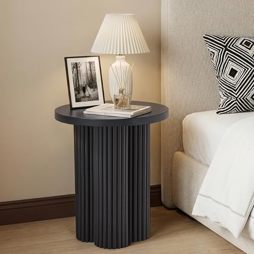 Image of Round Fluted End Table, 17.7'' Mid Century Modern Side Table, Circle Bedside Tables Drink Table Wood Nightstand for Small Spaces, Living Room (Black-1PCS)