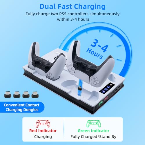 Mcbazel PS5 Slim Charging Station Fan 3-Speed Adjustable Multifunctional LED Cooling Charging Station Magnetic with Dual Charge Controller for Playstation 5/PS5 Slim UHD/Digital Edition-White - Afbeelding 4