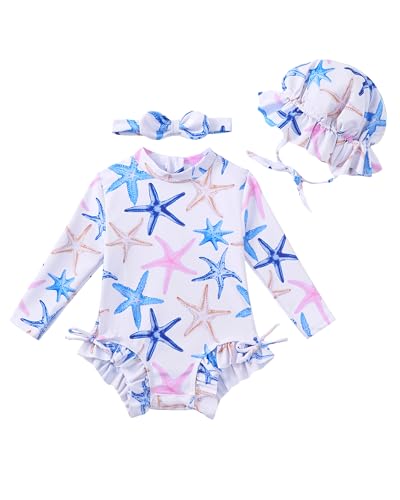 Image of Renotemy Baby Girls Swimsuit Drawstring Zip Bathing Suit Long Sleeve One-Piece Rash Guard Swimwear with Hat for Infant Girl