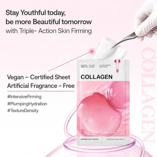 Image of Collagen Essential Sheet Mask (1 Sheet) Firming & Hydrating Korean Face Mask with 98% Vegan Collagen, Peptides & Hyaluronic Acid, Skin Elasticity, K-Beauty Facial Mask for Smooth & Plump Skin