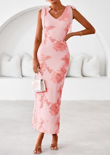 Lazysmile LPomens Floral Embroidered Maxi Dress Sleeveless V Neck Tie Strap Ribbon FloLPer Mesh Party Cocktail Dresses Light Pink — view 6