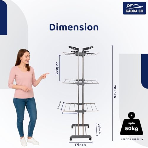 Image of GADDA CO Stainless Steel Double Pole 3 Layer Cloth Drying Stand with Hanger |Heavy Duty Rust-Proof Steel Clothes Drying Rack | Foldable Laundry Stand for Indoor & Outdoor Use | Grey -71 x 31 x 17 Inch