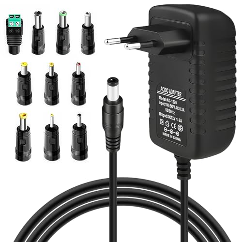 Arvoni 12V 2A Cargador Universal, Adaptador de CA 12V 2A, Fuente de Alimentación, 24W Adaptador de Corriente Universal, Transformador con 10 Adaptadores de Enchufe para Electrónica