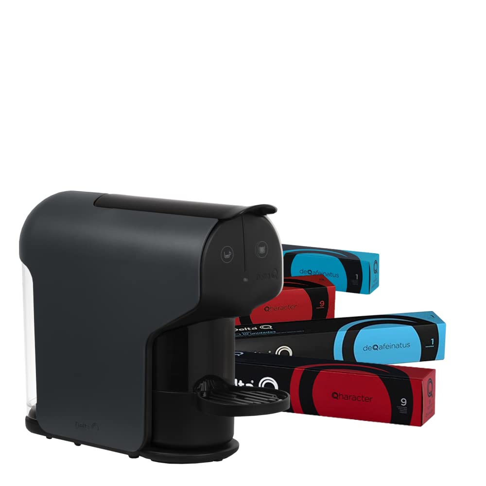 Delta Q - Pack Cafetière Delta Q Quick Gris - Pour café, thé et boissons chaudes - Simple et pratique - Design élégant - Comprend 100 capsules DeQafeinatus + Qharacter