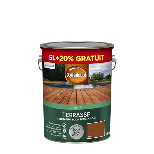 Xyladecor - Saturateur pour Sols Extérieurs en Bois - Terrasses, Abords de Piscine, Caillebotis - Antidérapant - Couleur : Mat Teck - Quantité : 5L + 20% gratuit