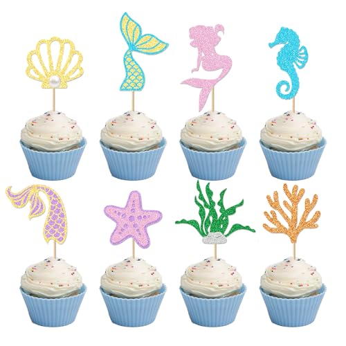 32Pcs Mermaid Cupcake Toppers Mermaid Tail Starfish Coral Cake Toppers Decorations for Under the Sea Theme Birthday Party Baby Shower Supplies