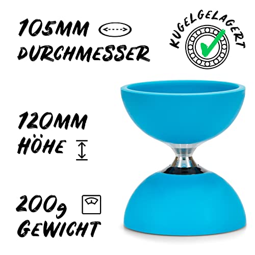 Diabolo Freizeitsport Jonglier-Set Pro mit kugelgelagertem Diabolo (türkis), Handsticks aus Aluminium, Ersatzschnur (160cm) und Gedruckter Anleitung - mit Geschenkverpackung ideal zum Verschenken