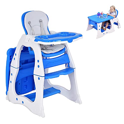 Image of HONEY JOY 5 in 1 High Chair, Convertible Highchair for Babies and Toddlers/Table Chair Set/Booster Seat/Toddler Chair w/Safety Harness, Reclining Backrest, Double Food Tray (Blue)