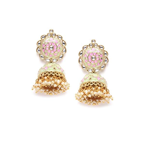 Zaveri Pearls Enamelling Sea Green & Pink Kundan & Pearls Ethnic Jhumki Earring For Women-ZPFK9612