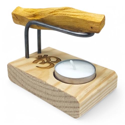 Quemador Artesanal en Madera con Símbolo OM para Palo Santo e Incienso | con Base para Vela de Té | Relajación, Aromaterapia y Meditación | Incluye Palo Santo y Velita