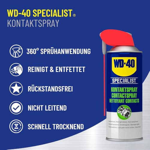 WD-40 Specialist Kontaktspray 400 ml – Antistatischer Reiniger für Elektronik, entfernt Feuchtigkeit, Schmutz & Öl, für bessere Leitfähigkeit, rückstandsfreie Reinigung & Schutz vor Kurzschlüssen