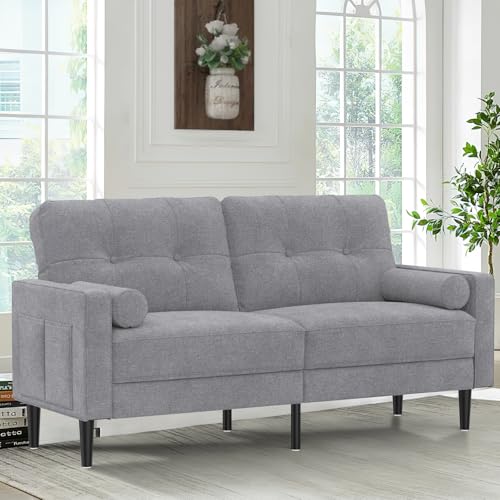 Aotumm Ciort Sofá 2 Plazas Moderno con Cojines Gruesos, 2 Almohadas, Cómodo Lino, 2 Bolsillos de Almacenamiento para Sala de Estar/Dormitorio/Oficina, Fácil Montaje, Pequeño (Gris Ceniza)