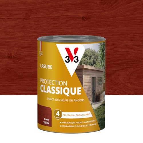 V33 Lasure Bois extérieur Acajou - Protection Classique 4 ans - Protège du grisaillement - Direct bois neufs ou anciens - Texture anti-goutte - 0,75L