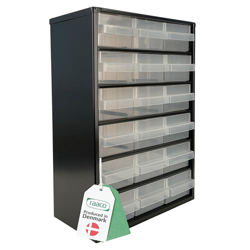 Raaco Casiers à Tiroirs C9-18, Cadre en Acier, 18 Tiroirs en Plastique, Charge 20 kg, 15 x 30,6 x 42 cm, Montable au Mur, pour Rangement Garage & Atelier,...