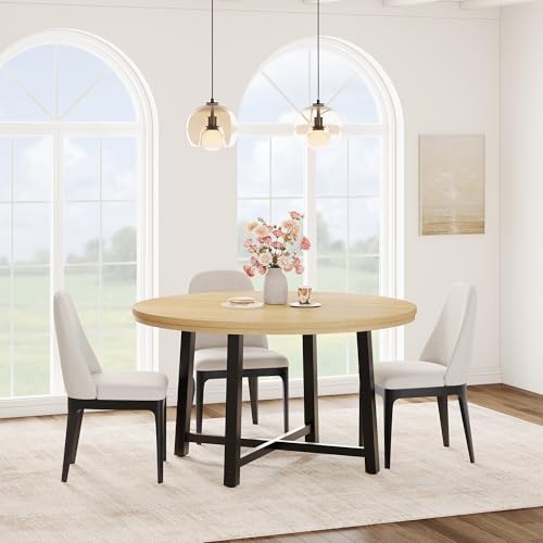 Image of IDEALHOUSE 47 inch Round Dining Table for 4, Kitchen Dining Room Table with Sturdy Metal Frame, Wood Circle Kitchen Table for Space Saving -Burlywood