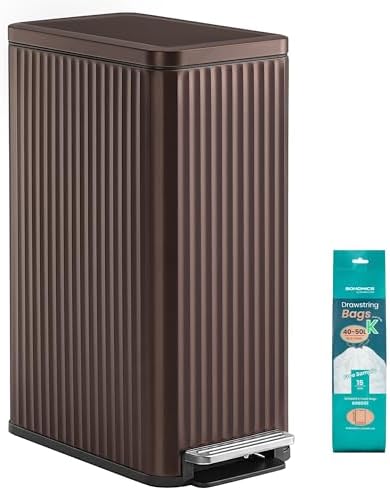 SONGMICS Trash Can, 13 Gallon (50 L) Slim Garbage Can for Kitchen, with Soft-Close Lid, Pedal, Removable Inner Bucket, Stainless Steel, 15 Trash Bags, Space-Saving, Brown ULTB350MZ01