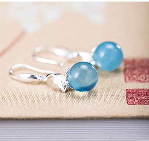 Boucles d'oreilles longue conception feuille S925 aigue-marine rétro
