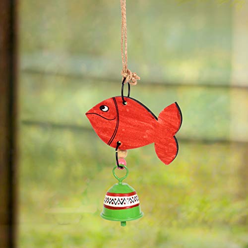 Image of Aakriti Art Creations Handpainted Red Fish Wind Chime | Handmade Modern Art Wooden & Metal Wind Chime | Outdoor & Indoor Decorative Wind Chimes for Balcony, Garden, Living Room & Gifting