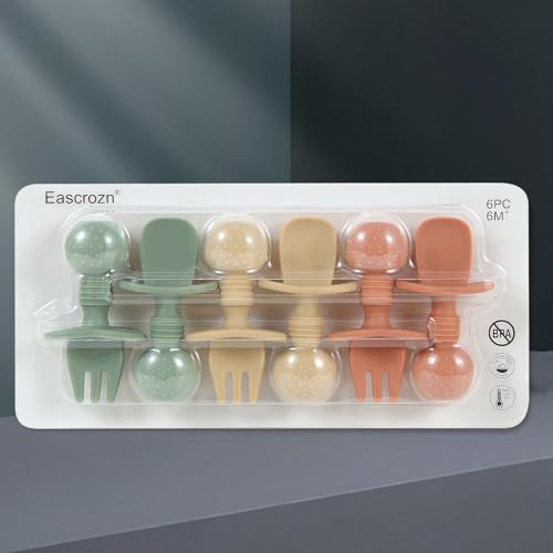 Image of Eascrozn 6 Pack Baby Spoons and Forks Set, Silicone First Stage Self Feeding Infant Toddler Utensils, BPA Free, Baby Led Weaning Feeding Supplies for Baby Essentials