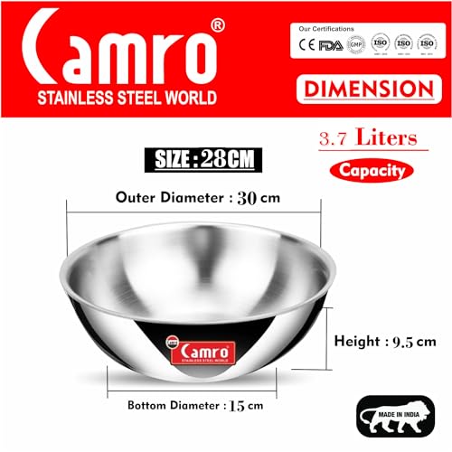 Image of Camro Tripro Triply Artisian Tasla | kadhai Without lid 15 NO 3.7 Liters Cook | Serve, for Deep-Fry | Saute | Stir-Fry | Mixing Desserts Gravy, Induction Friendly & Gas Ready, 6-Year Warranty