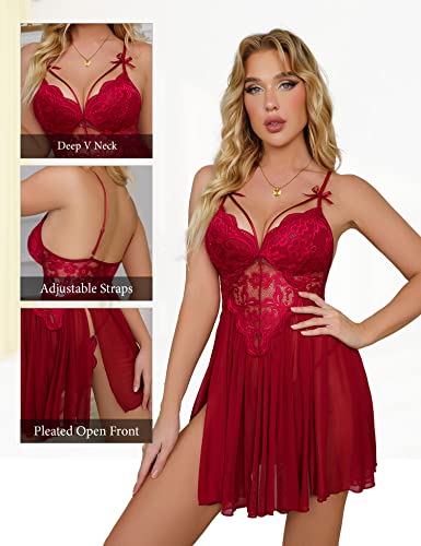 Queenfox Lingerie For Women Lace Babydoll Mesh Sheer Chemise Nightgown Deep V-Neck Side Split Bow Shoulder Strap Nightdress (Wine Red, X-Large) #TOP3