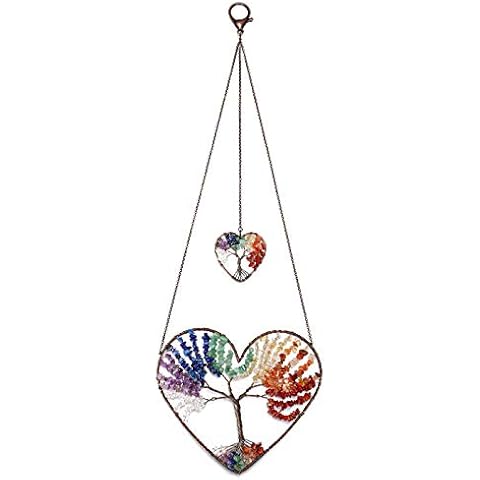 PESOENTH 7 Chakra Heart Life Tree Dream Catcher Hanging Ornament Bohemian Rainbow Double Hearts Life Tree Wall Art Window Car Hanging Decorations Home Bedroom Decor Cover