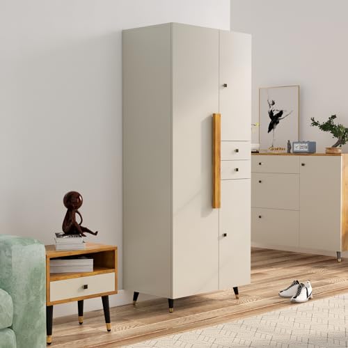 Image of Bniture 3 Door Wooden Wardrobe for Bedroom | Almirah for Clothes with 3 Shelves & 2 Hanging Sections | Full Height Storage Cupboard for Bedroom | Storage Cupboard with Long Bar Handle | Frosty White