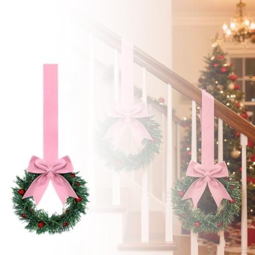6 Pcs Mini Christmas Wreaths with Pink Ribbon Bow for Front Door Decor - image 6