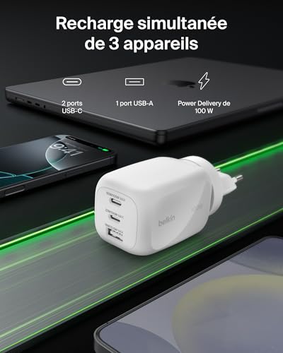 Belkin Chargeur Secteur 2x USB C + 1x USB A + + + Kit adaptateur de voyage - vue 4