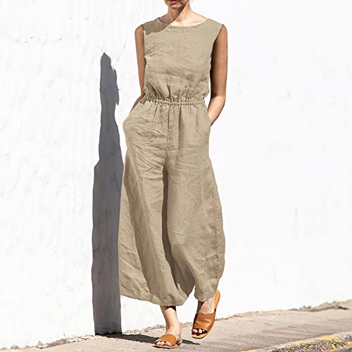 Cotton Linen Jumpsuits Women Sleeveless Wide Leg Jumpsuits with Pockets Casual Crew Neck Tank Top One Piece Palazzo Playsuit Solid Color Summer Romper Loose Fit Overalls Workwear S-5XL