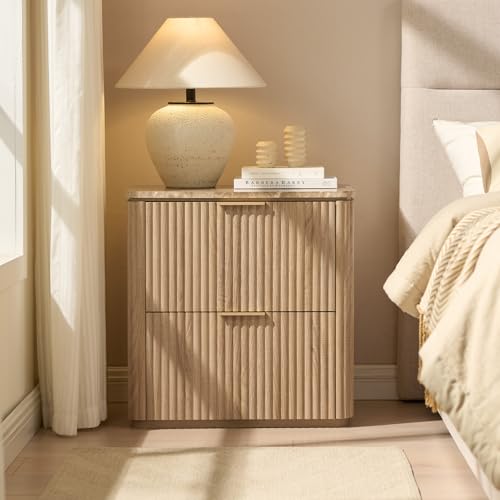 Image of 3 Sided Fluted Nightstand with Faux Marble Top, Modern Bedside Table