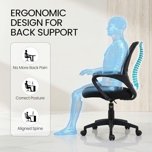 Image of Royaloak Aero Mesh Medium Back Office Chair | Ergonomic Study Chair with Breathable Nylon Mesh, Cushioned Seat & Height Adjustment | 360 Swivel, Fixed Armrests & Smooth Caster Wheels