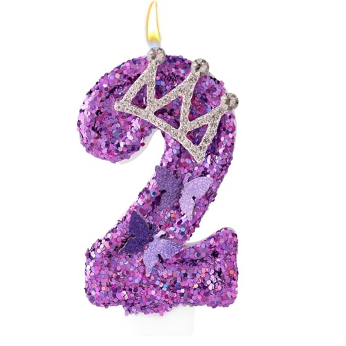 Födelsedagstal Ljus, Kronfjärils Födelsedagsljus Lila Tårttopp med Pailletter Partydekoration för Jubileumsfiranden Tillbehör (2)