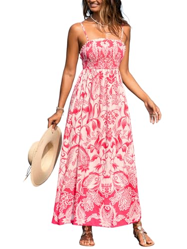 Image of CUPSHE Women's Floral Maxi Dress Spaghetti Strap Summer Boho Beach Dress Smocked Sundress Casual Vacation Flowy Long Dress