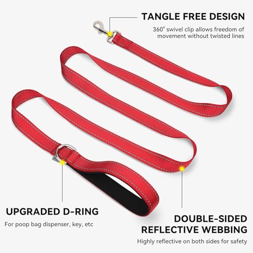Joytale Hundeleine für Große und Mittelgroße Hunde, Doppelseitig Reflektierende Leine Hund aus Nylon mit Gepolstertem Griff, 1,8m x 2,5cm, Rot