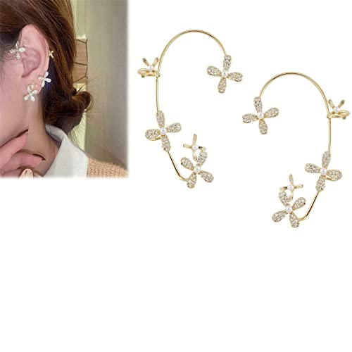 HYZSM Inlay Zircon Pearl Flower Ear Bones Clip, Earring Cuffs and Wraps for Ears Non Pierced,Flower Sweet Ear Clip Ear Hook,Vintage Ear Cuff Earrings Wrap Around,Earrings Jewelry for Women (Gold) Cover