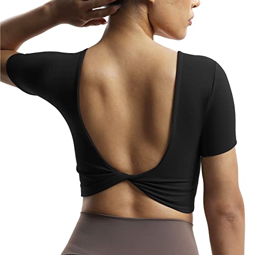 Aoxjox Short Sleeve Crop Tops for Women Emma Backless Twist Back Workout Cropped T Shirt Top