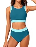 MIGU Girls Swimsuits Size 10-12 High Waisted Girls Bathing Suits Bikini Set Adjustable Double Straps Sporty Light Blue Color Block Athletic Two Piece Swimwear