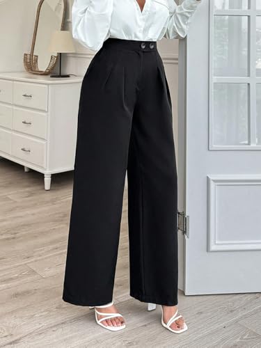 Women's High Waist Wide Leg Pants Elegant Solid Color Button Zipper Detail4