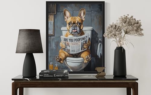 Image of French Bulldog on Toilet Black Framed Wall Art Print Poster, Dog Bathroom Humor Decor Posters Prints for Restroom Home Picture Painting Artwork Gallery 7 (French Bulldog, 10 inchL x 8 inchW, Black Frame)