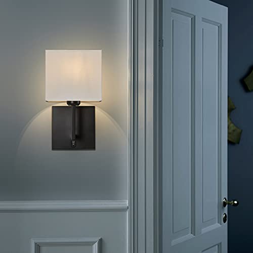 Image of Modern Hard Wired Wall Sconces Set of 2 with on /Off Switch and Square White Fabric Shade,Wall Mounted Light for Living Room Fireplace Mantel Foyer Hallway