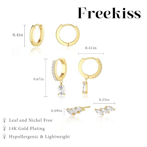 Image of Freekiss 3 Pairs Gold Hoop Earrings Set: Dainty Stud Earrings Trendy Small 14K Gold Plated Hypoallergenic Dangle Cartilage Huggie Hoop Earrings for Women Gold Jewelry for Women Gifts