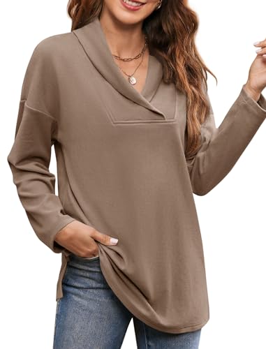 Image of Women's Long Sleeve Tops Fall Shawl Neck Tunic Tops for Leggings Casual Blouse Sweatshirt